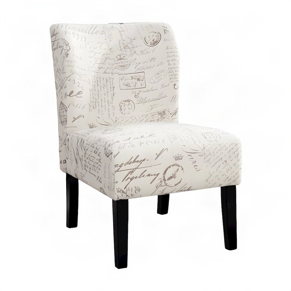 Fabric-Upholstered Armless Accent Chair with Letter-Print Detail, Beige