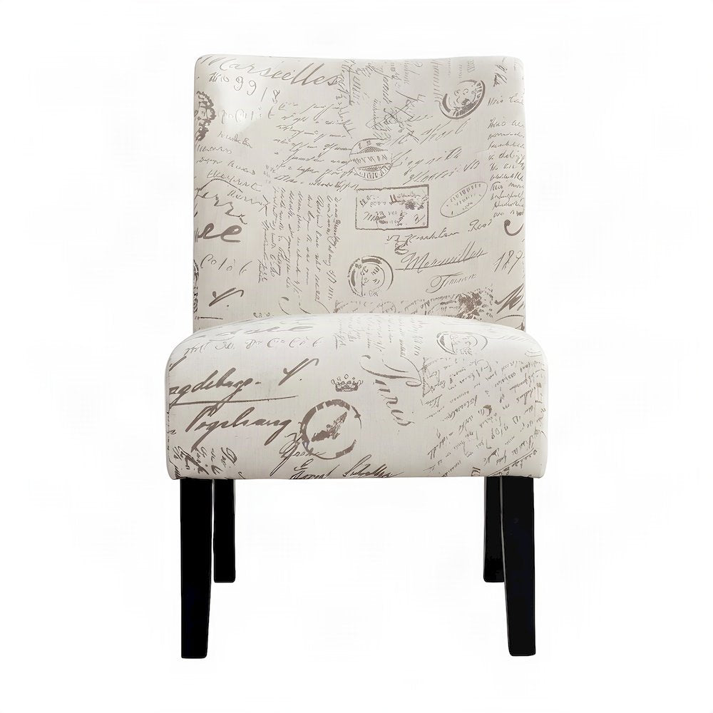 Fabric-Upholstered Armless Accent Chair with Letter-Print Detail, Beige
