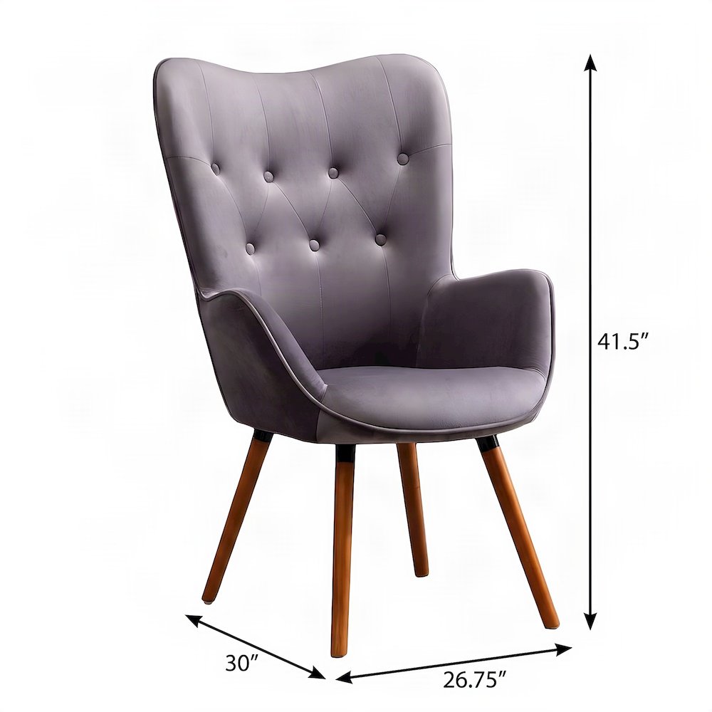 Velvet Button-Tufted Accent Chair, Mid-Century Modern Armchair, Grey