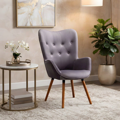 Velvet Button-Tufted Accent Chair, Mid-Century Modern Armchair, Grey