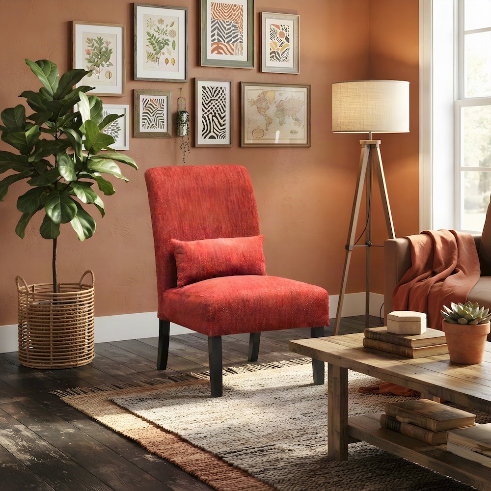 Pisano Fabric Armless Accent Chair with Matching Kidney Pillow, Red