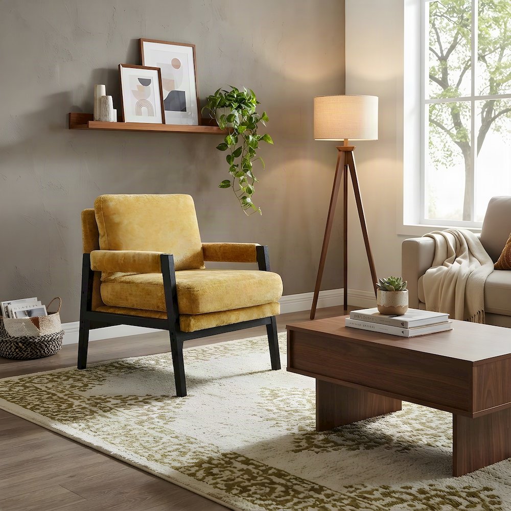 Chenille-Upholstered Mid-Century Modern Accent Armchair with Wood Frame, Yellow