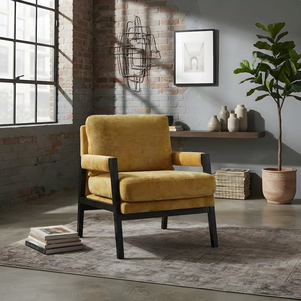 Chenille-Upholstered Mid-Century Modern Accent Armchair with Wood Frame, Yellow
