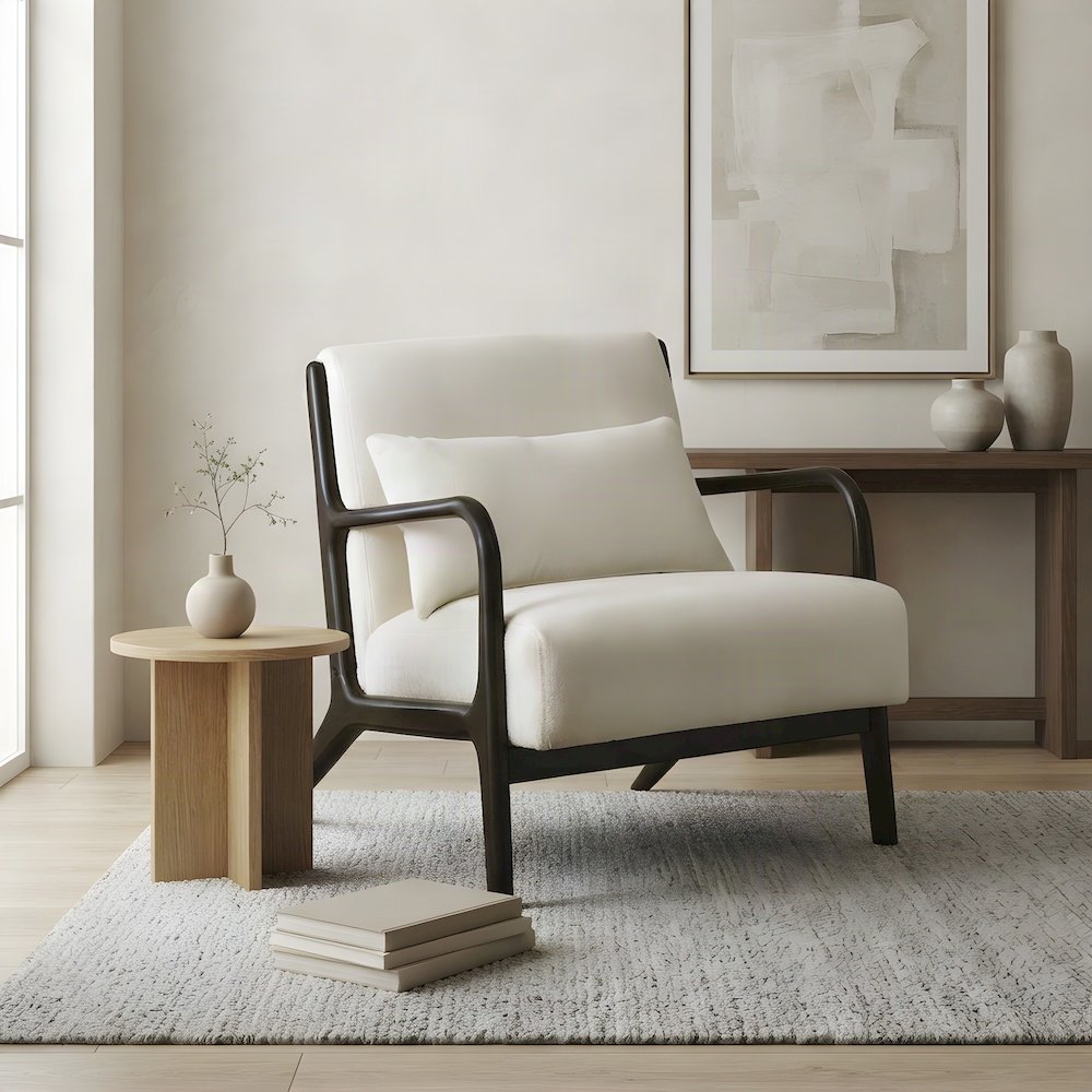 Chenille Mid-Century Modern Accent Chair with Pillow, Armchair, Black
