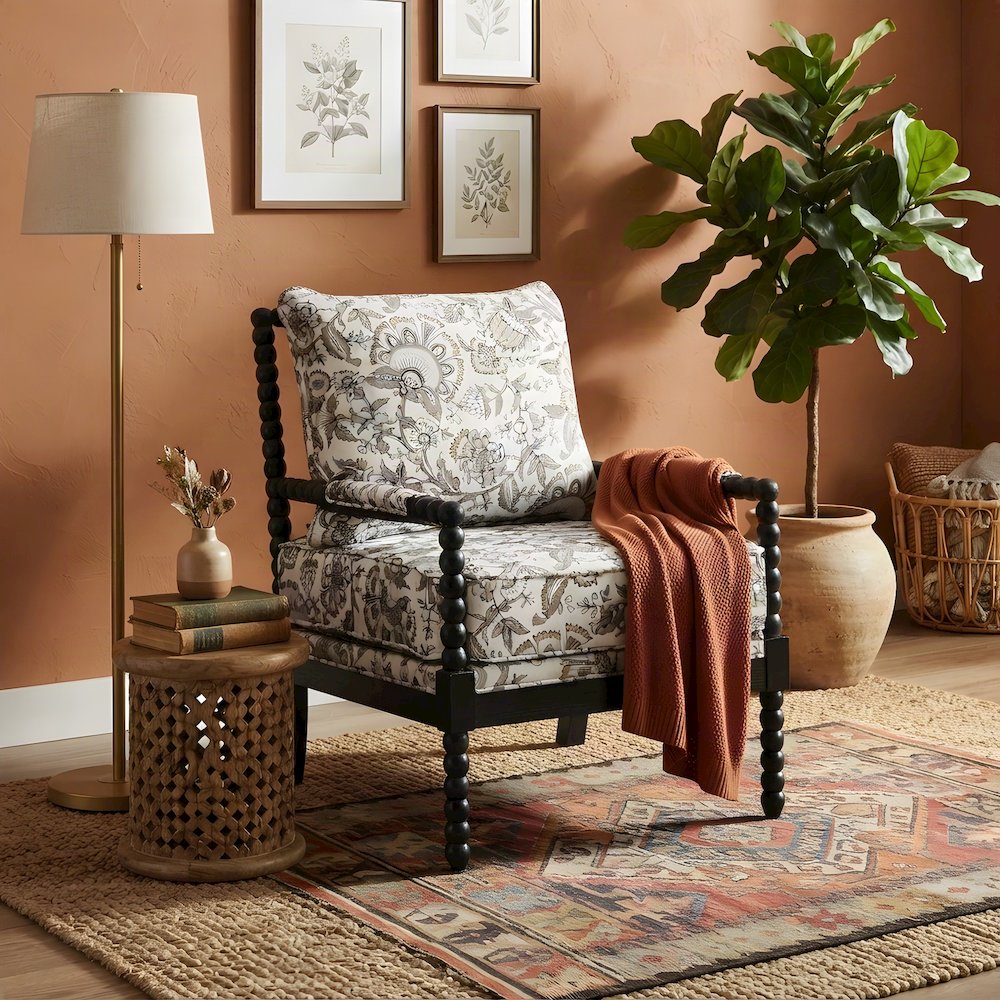 Polyester-Upholstered Spool Accent Chair with Spindle Back, Floral