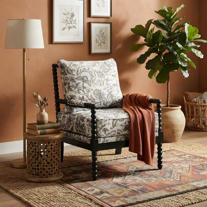 Polyester-Upholstered Spool Accent Chair with Spindle Back, Floral
