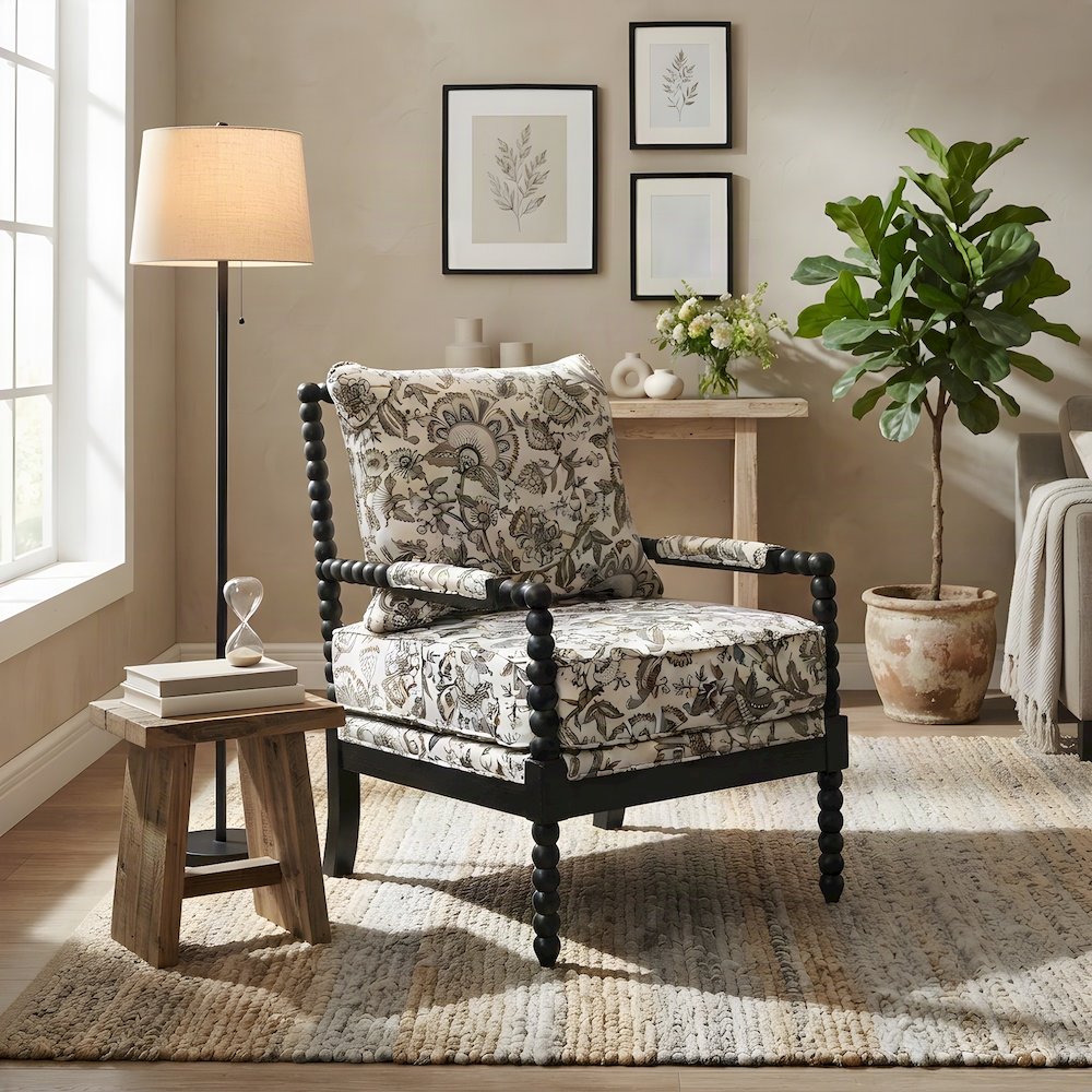 Polyester-Upholstered Spool Accent Chair with Spindle Back, Floral