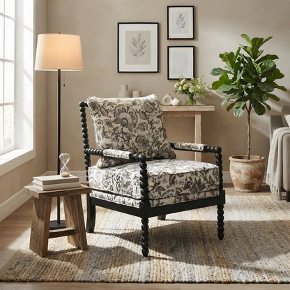 Polyester-Upholstered Spool Accent Chair with Spindle Back, Floral