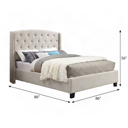 Fabric Upholstered Wingback Panel Bed Frame with Tufted Headboard, Tan, King