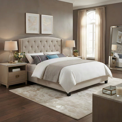 Fabric Upholstered Wingback Panel Bed Frame with Tufted Headboard, Tan, King