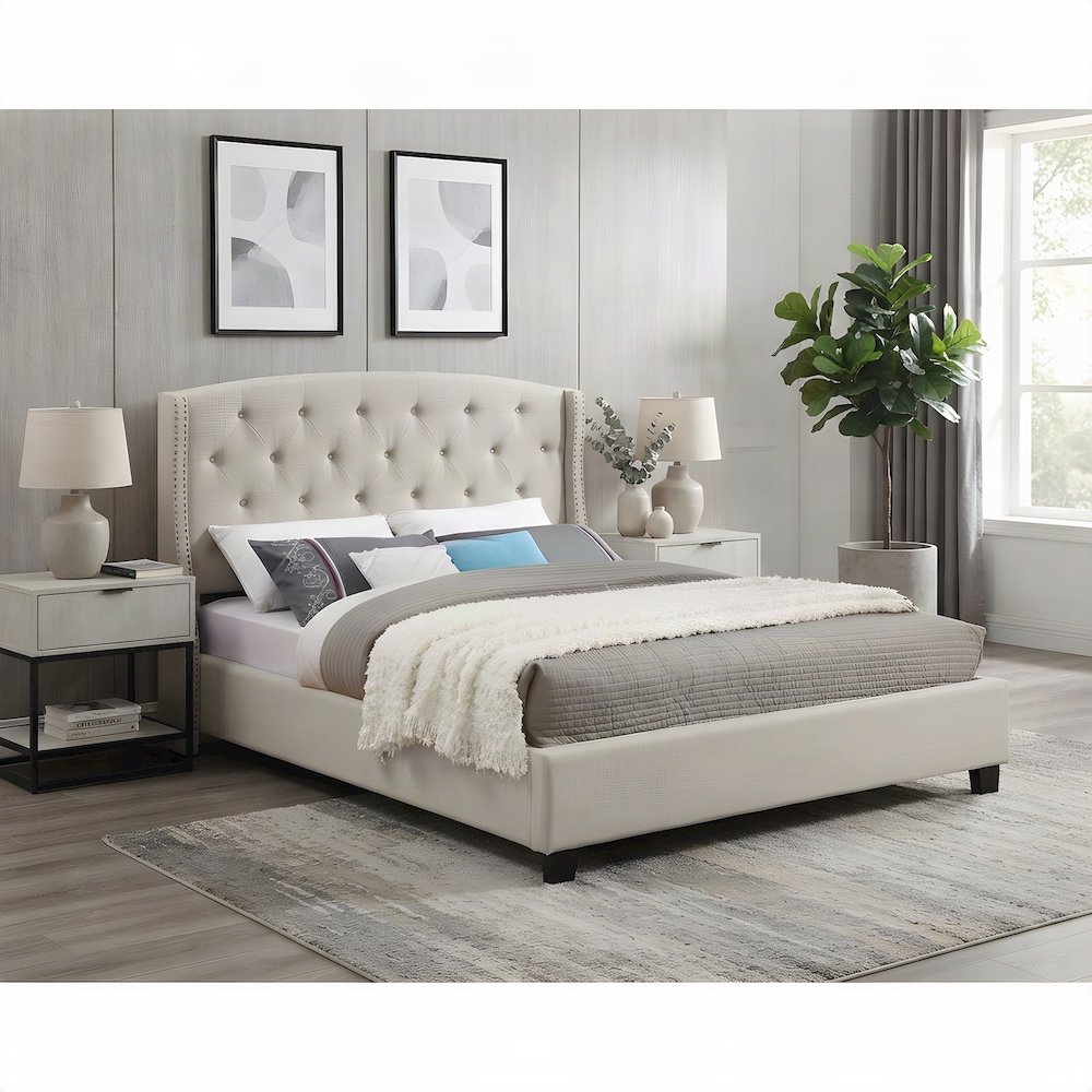 Fabric Upholstered Wingback Panel Bed Frame with Tufted Headboard, Tan, King