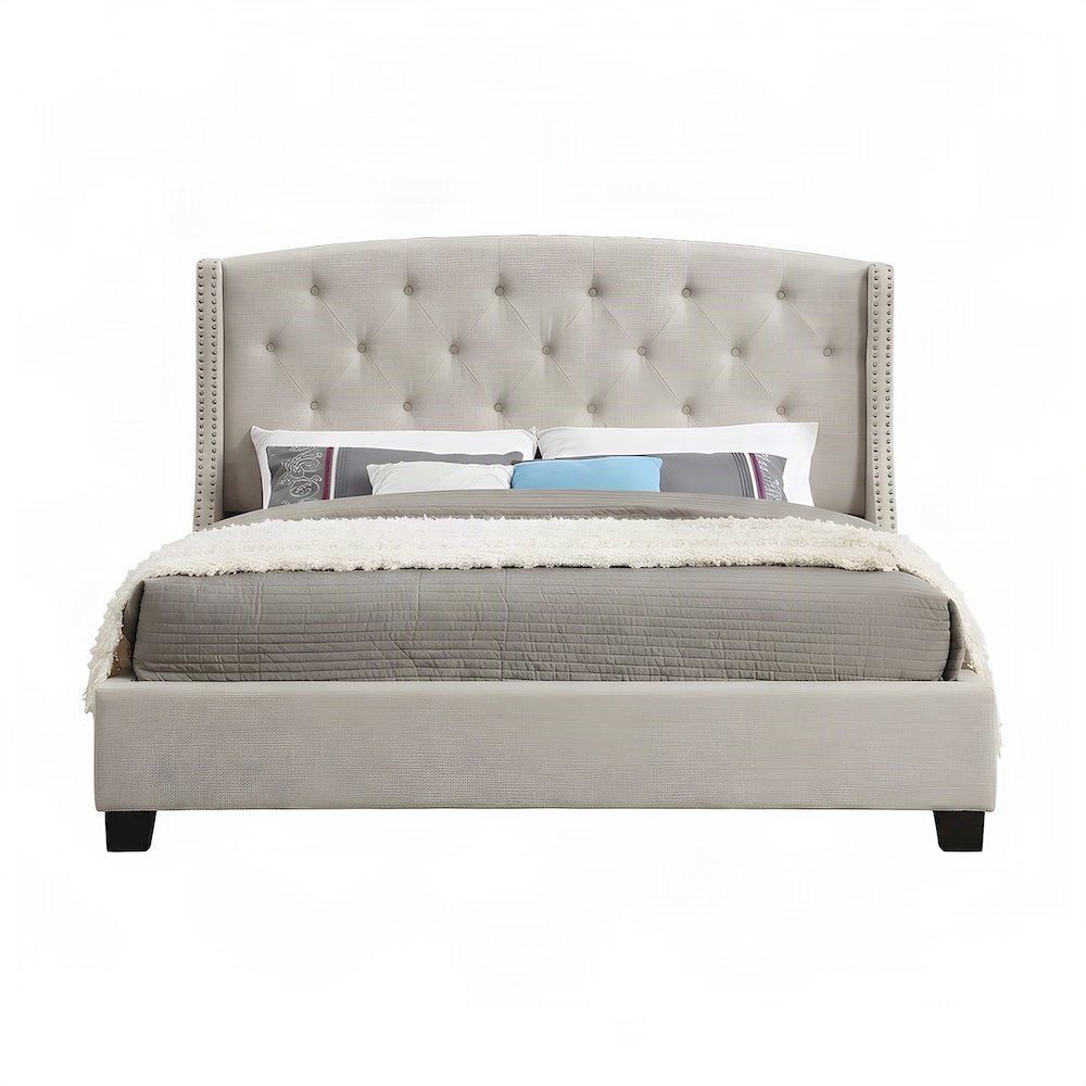 Fabric Upholstered Wingback Panel Bed Frame with Tufted Headboard, Tan, King