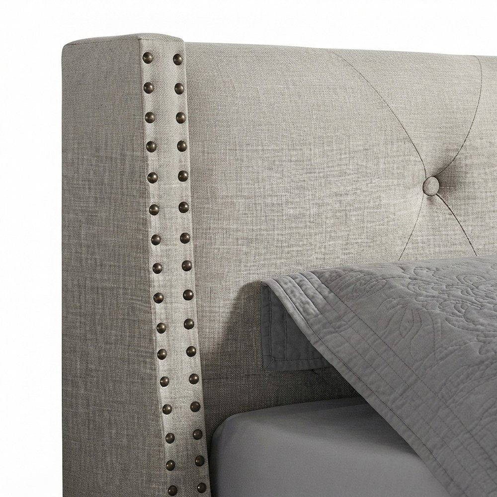 Fabric Upholstered Wingback Panel Bed Frame with Tufted Headboard, Tan, King