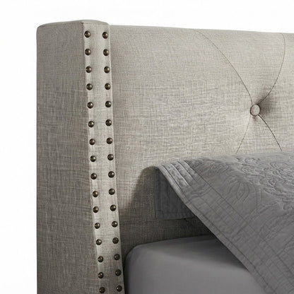 Fabric Upholstered Wingback Panel Bed Frame with Tufted Headboard, Tan, King