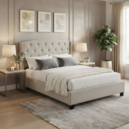 Fabric Upholstered Wingback Panel Bed Frame with Tufted Headboard, Tan, Queen
