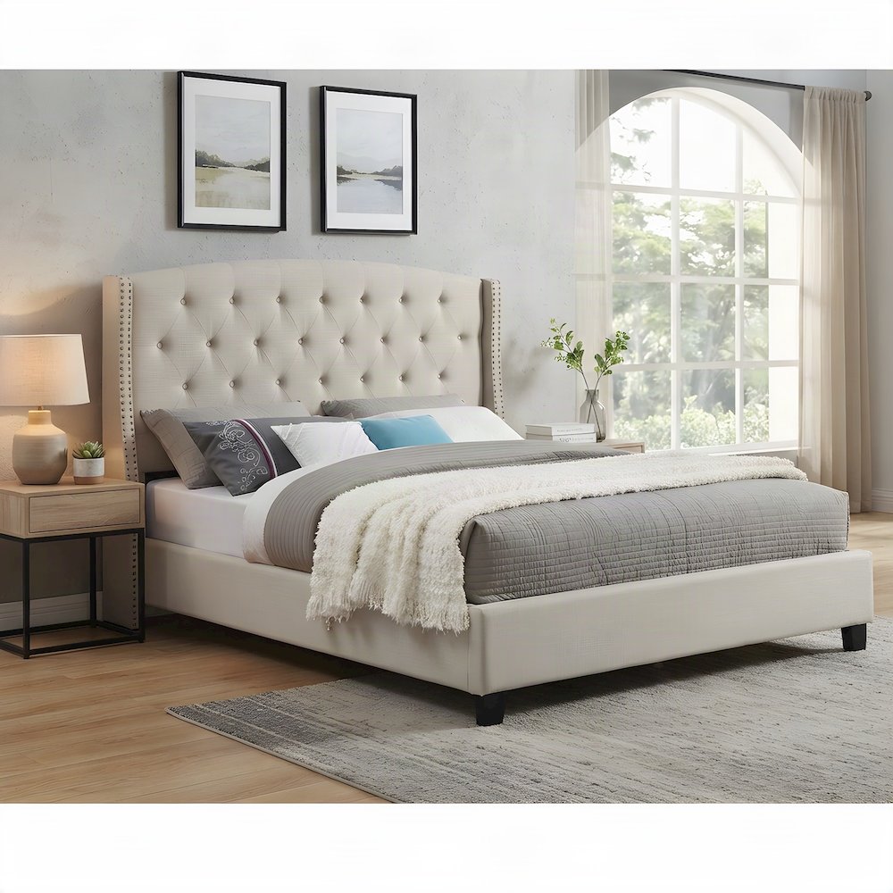 Fabric Upholstered Wingback Panel Bed Frame with Tufted Headboard, Tan, Queen