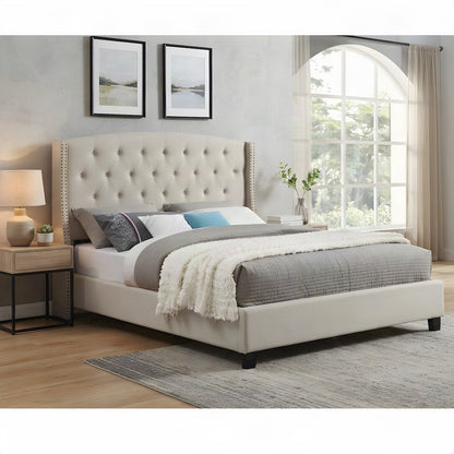 Fabric Upholstered Wingback Panel Bed Frame with Tufted Headboard, Tan, Queen