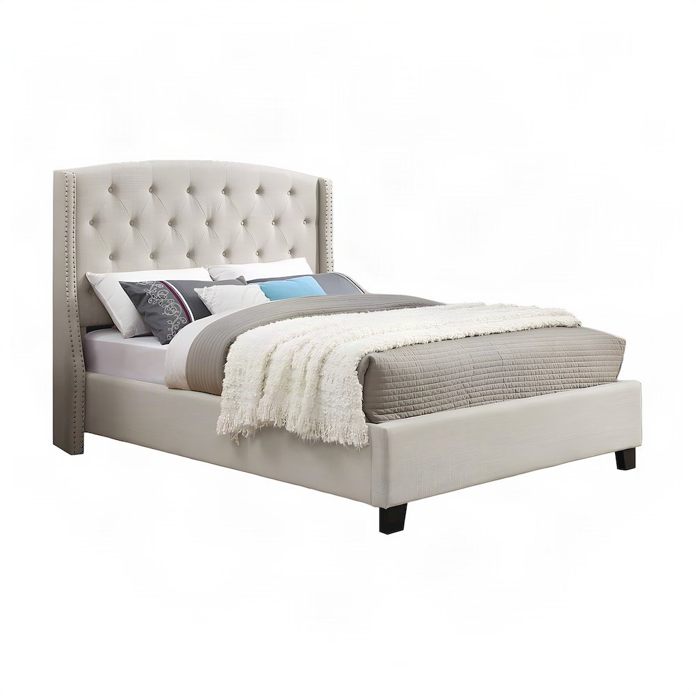 Fabric Upholstered Wingback Panel Bed Frame with Tufted Headboard, Tan, Queen