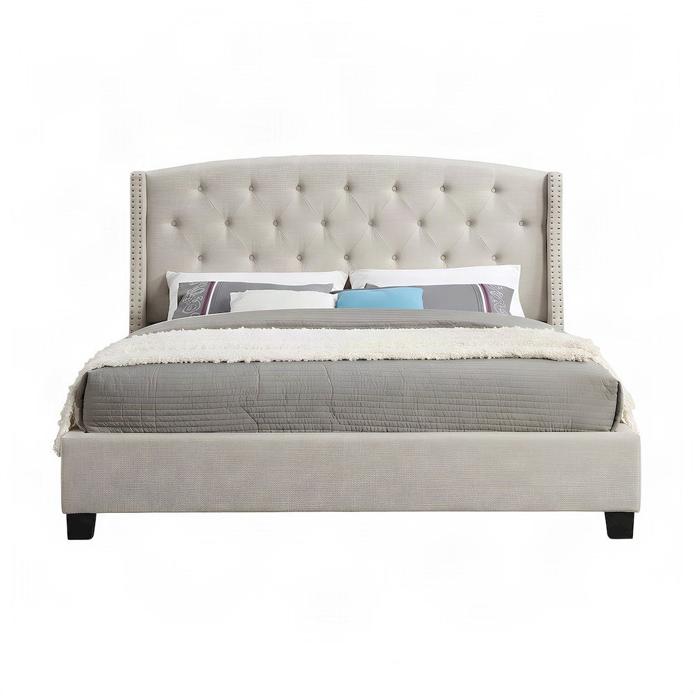 Fabric Upholstered Wingback Panel Bed Frame with Tufted Headboard, Tan, Queen