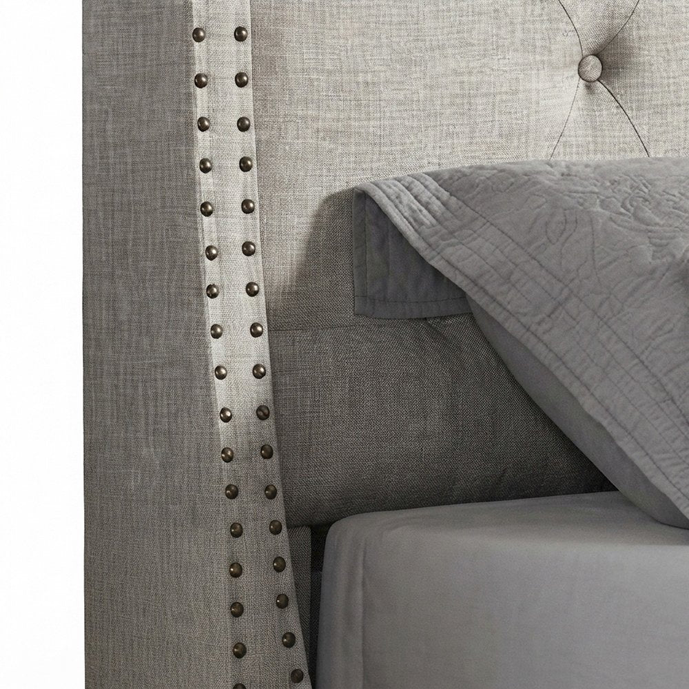 Fabric Upholstered Wingback Panel Bed Frame with Tufted Headboard, Tan, Queen