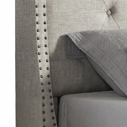 Fabric Upholstered Wingback Panel Bed Frame with Tufted Headboard, Tan, Queen