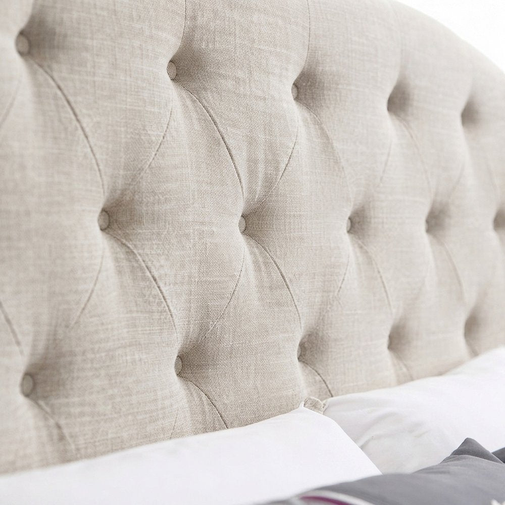 Fabric Upholstered Wingback Panel Bed Frame with Tufted Headboard, Tan, Queen