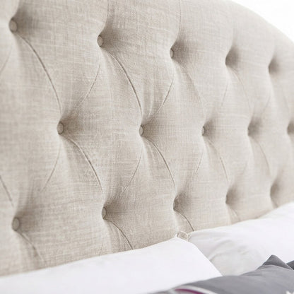 Fabric Upholstered Wingback Panel Bed Frame with Tufted Headboard, Tan, Queen