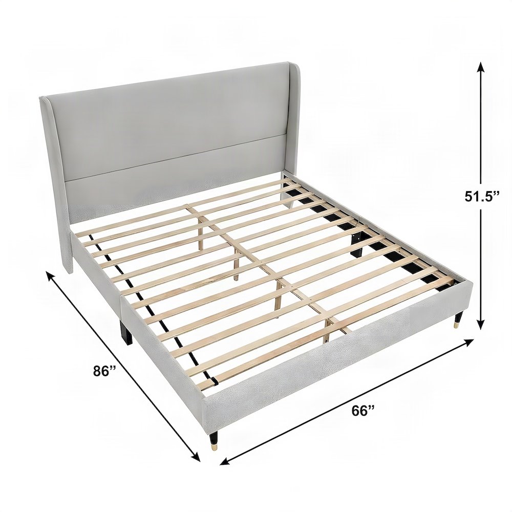 Wingback Fabric Queen Platform Bed Frame with Headboard, Light Gray Fabric
