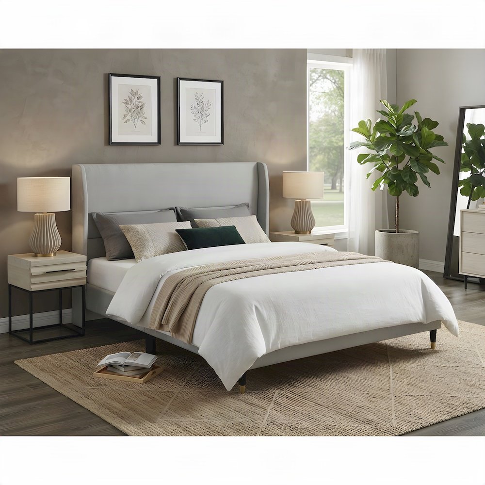 Wingback Fabric Queen Platform Bed Frame with Headboard, Light Gray Fabric