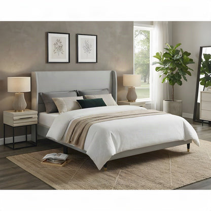 Wingback Fabric Queen Platform Bed Frame with Headboard, Light Gray Fabric