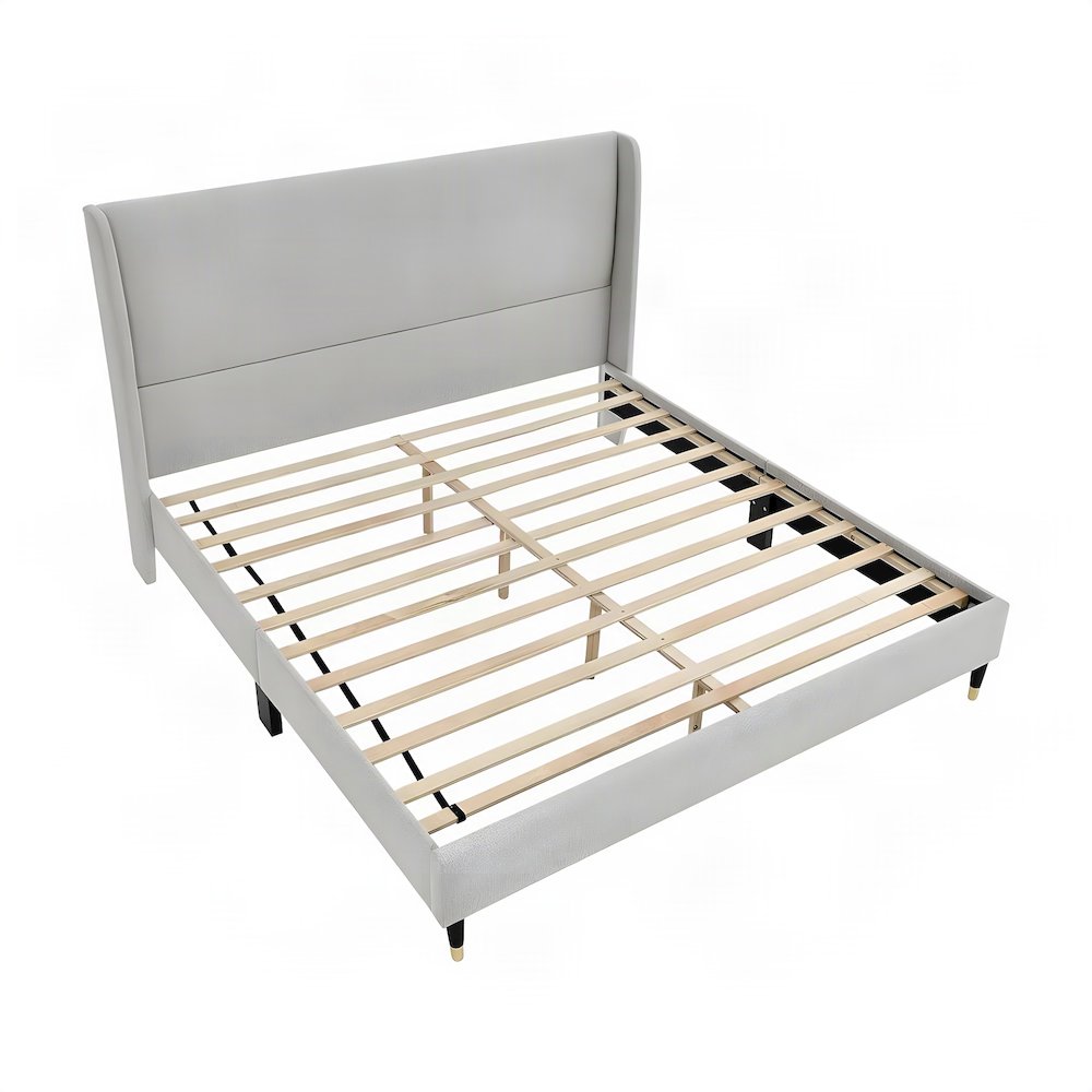 Wingback Fabric Queen Platform Bed Frame with Headboard, Light Gray Fabric