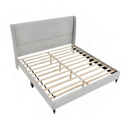 Wingback Fabric Queen Platform Bed Frame with Headboard, Light Gray Fabric