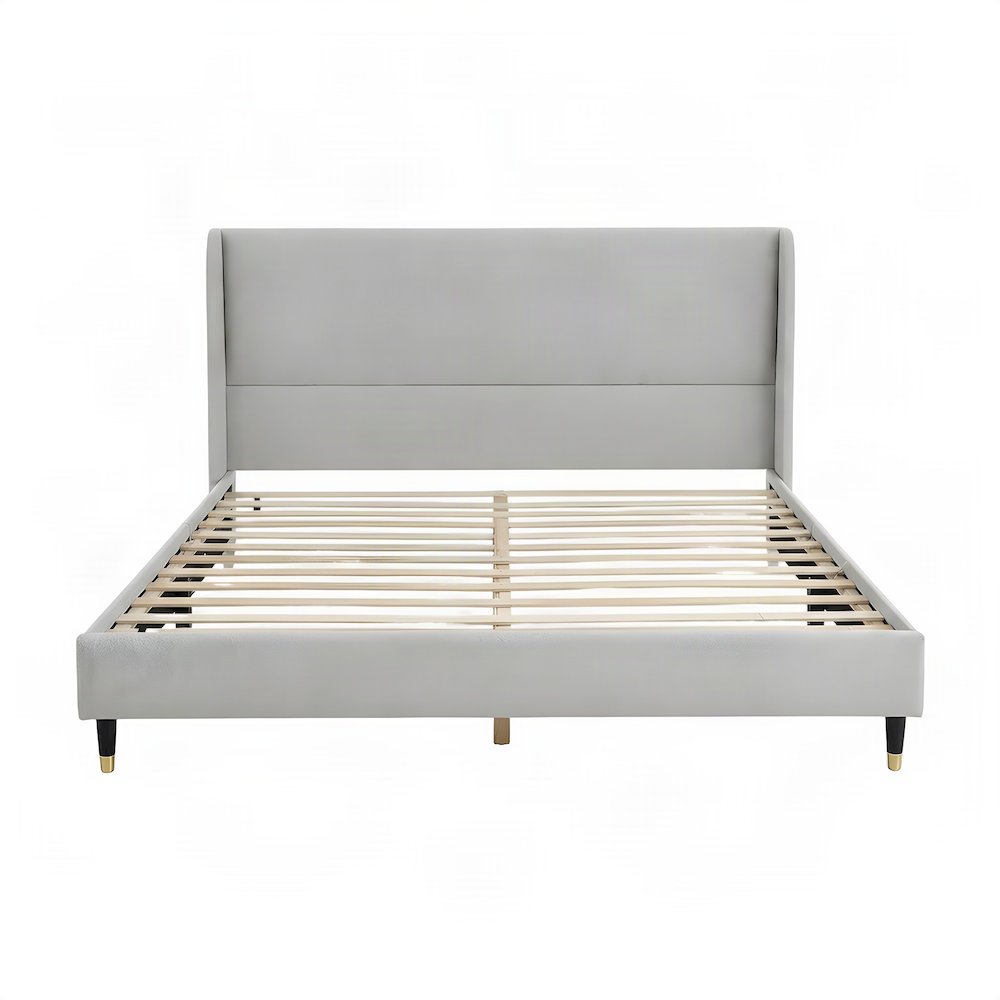 Wingback Fabric Queen Platform Bed Frame with Headboard, Light Gray Fabric