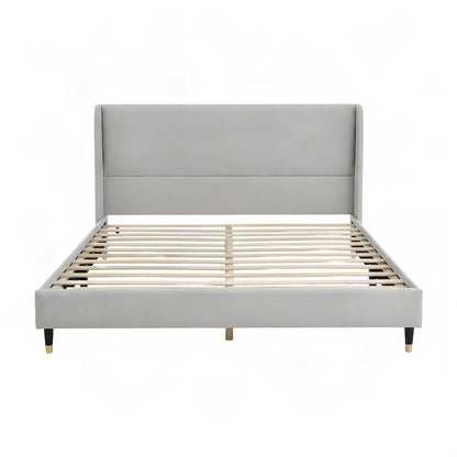 Wingback Fabric Queen Platform Bed Frame with Headboard, Light Gray Fabric