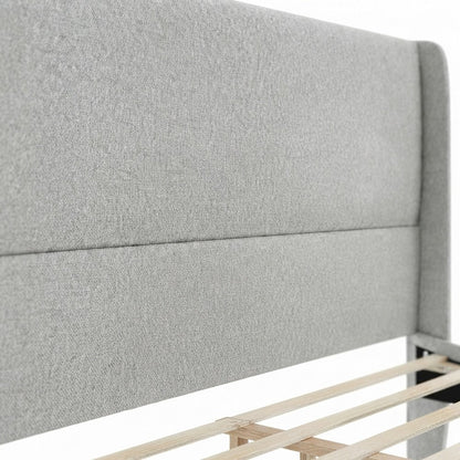 Wingback Fabric Queen Platform Bed Frame with Headboard, Light Gray Fabric