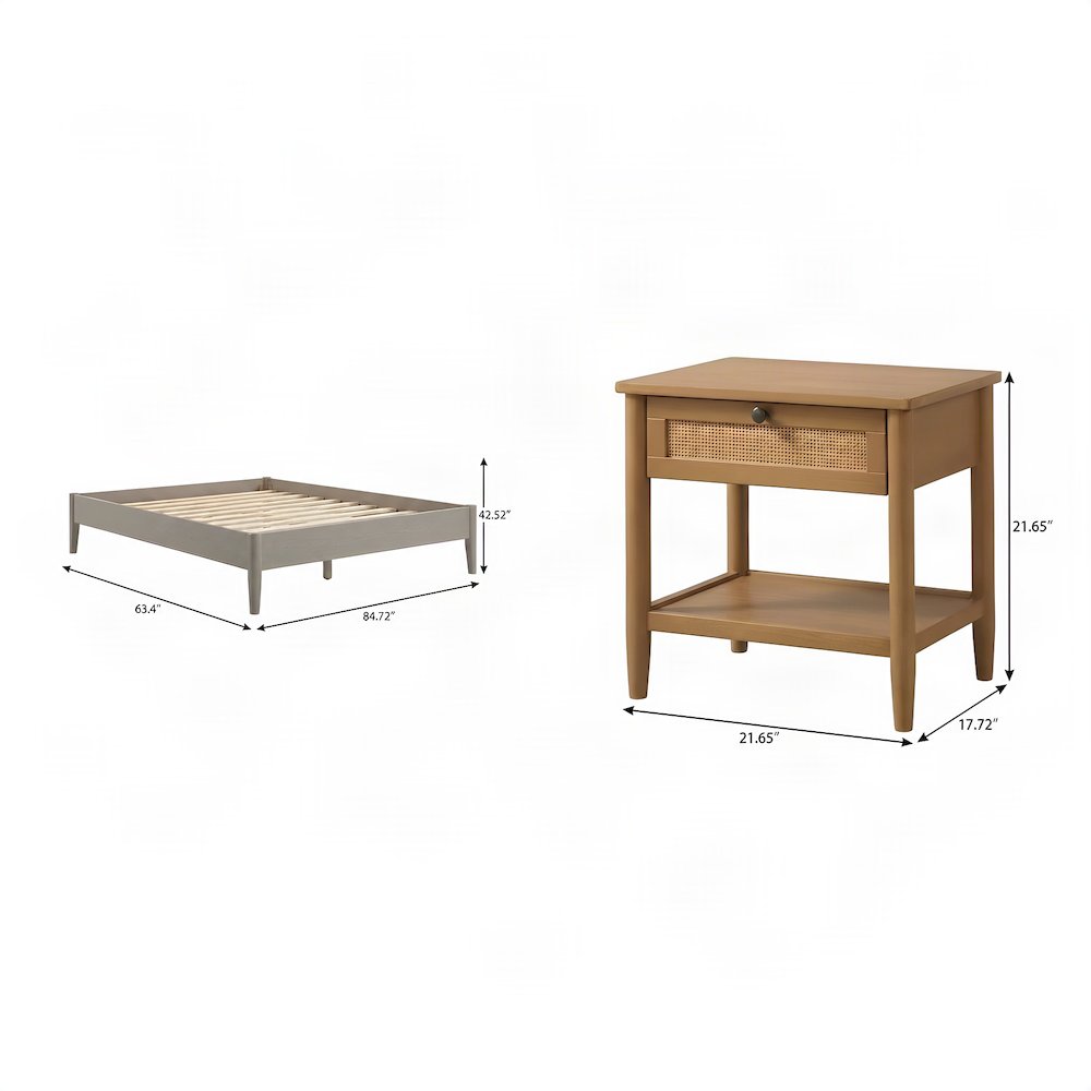 Rubberwood Queen Platform Bed with Nightstands, Bedroom 3 Piece Set, Brown