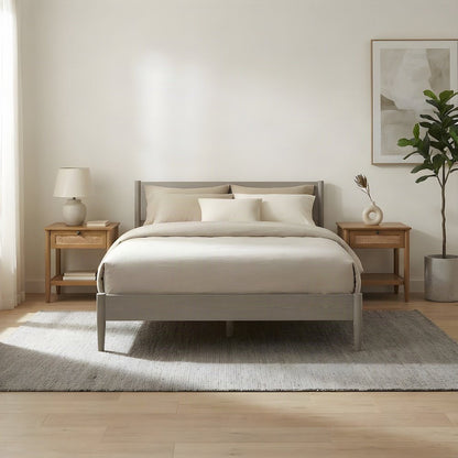 Rubberwood Queen Platform Bed with Nightstands, Bedroom 3 Piece Set, Brown