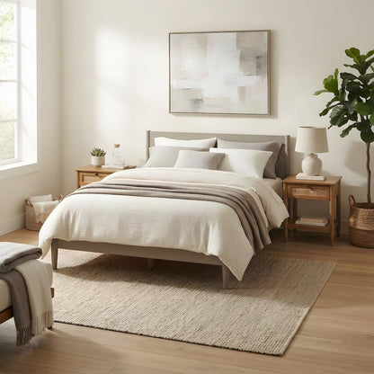 Rubberwood Queen Platform Bed with Nightstands, Bedroom 3 Piece Set, Brown