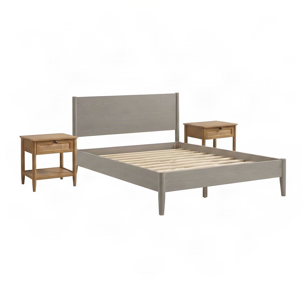 Rubberwood Queen Platform Bed with Nightstands, Bedroom 3 Piece Set, Brown