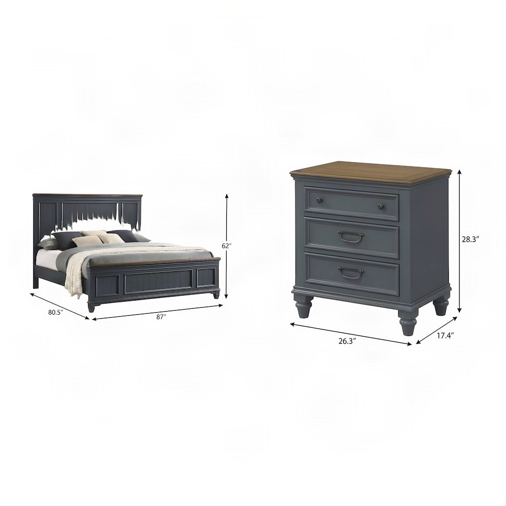 Wood Bedroom Suite, Shiplap Panel Bed, Nightstands, Blue, King, 3 Piece Set