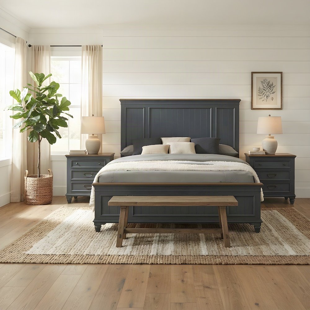 Wood Bedroom Suite, Shiplap Panel Bed, Nightstands, Blue, King, 3 Piece Set
