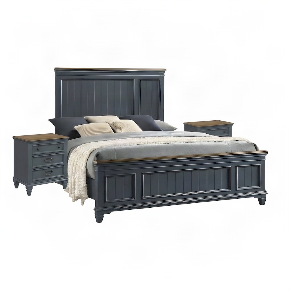 Wood Bedroom Suite, Shiplap Panel Bed, Nightstands, Blue, King, 3 Piece Set