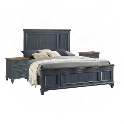 Wood Bedroom Suite, Shiplap Panel Bed, Nightstands, Blue, King, 3 Piece Set