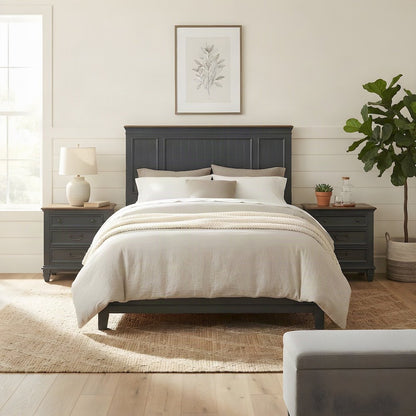 Wood Bedroom Suite Shiplap Panel Bed, Nightstands, Blue, Queen, 3 Piece Set