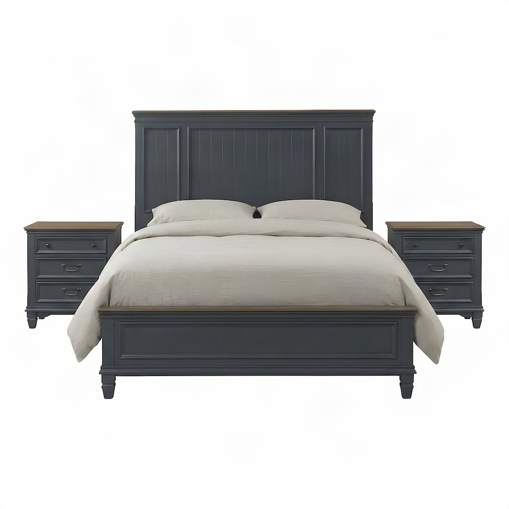 Wood Bedroom Suite Shiplap Panel Bed, Nightstands, Blue, Queen, 3 Piece Set