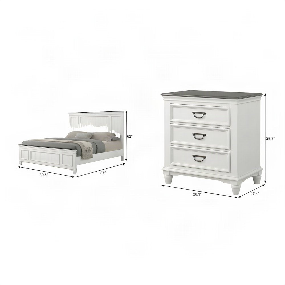 Farmhouse King Size Wood Bedroom Furniture with Nightstands, 3 Piece Set, White