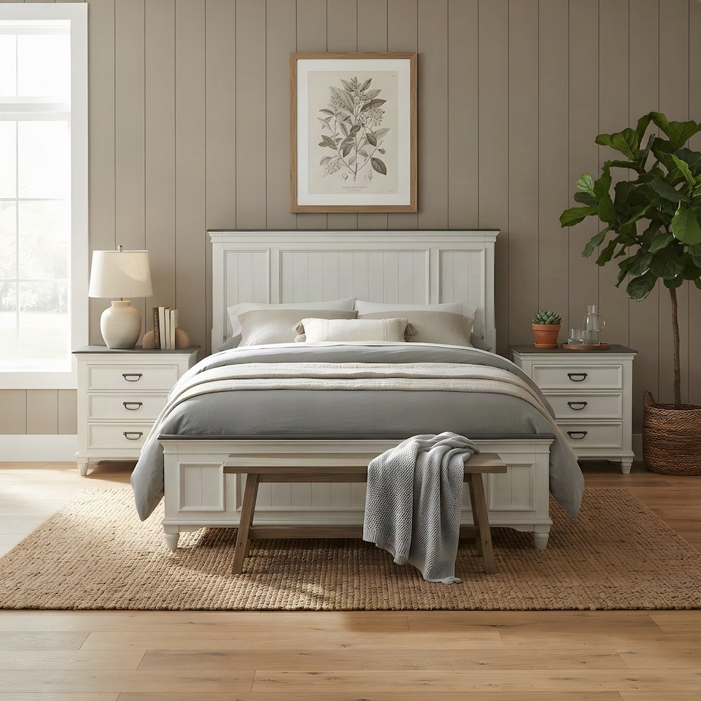 Farmhouse King Size Wood Bedroom Furniture with Nightstands, 3 Piece Set, White