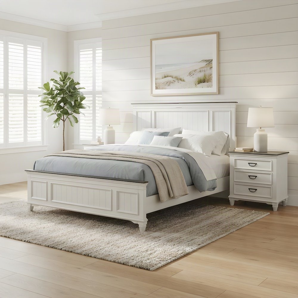Farmhouse King Size Wood Bedroom Furniture with Nightstands, 3 Piece Set, White