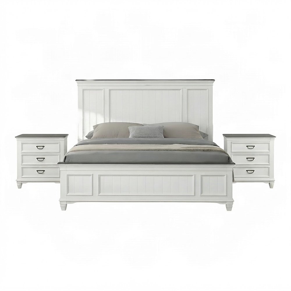 Farmhouse King Size Wood Bedroom Furniture with Nightstands, 3 Piece Set, White