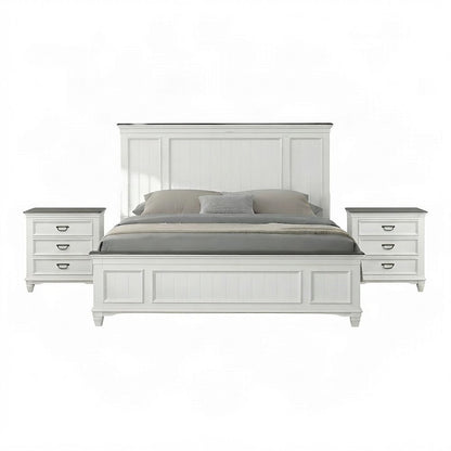 Farmhouse King Size Wood Bedroom Furniture with Nightstands, 3 Piece Set, White